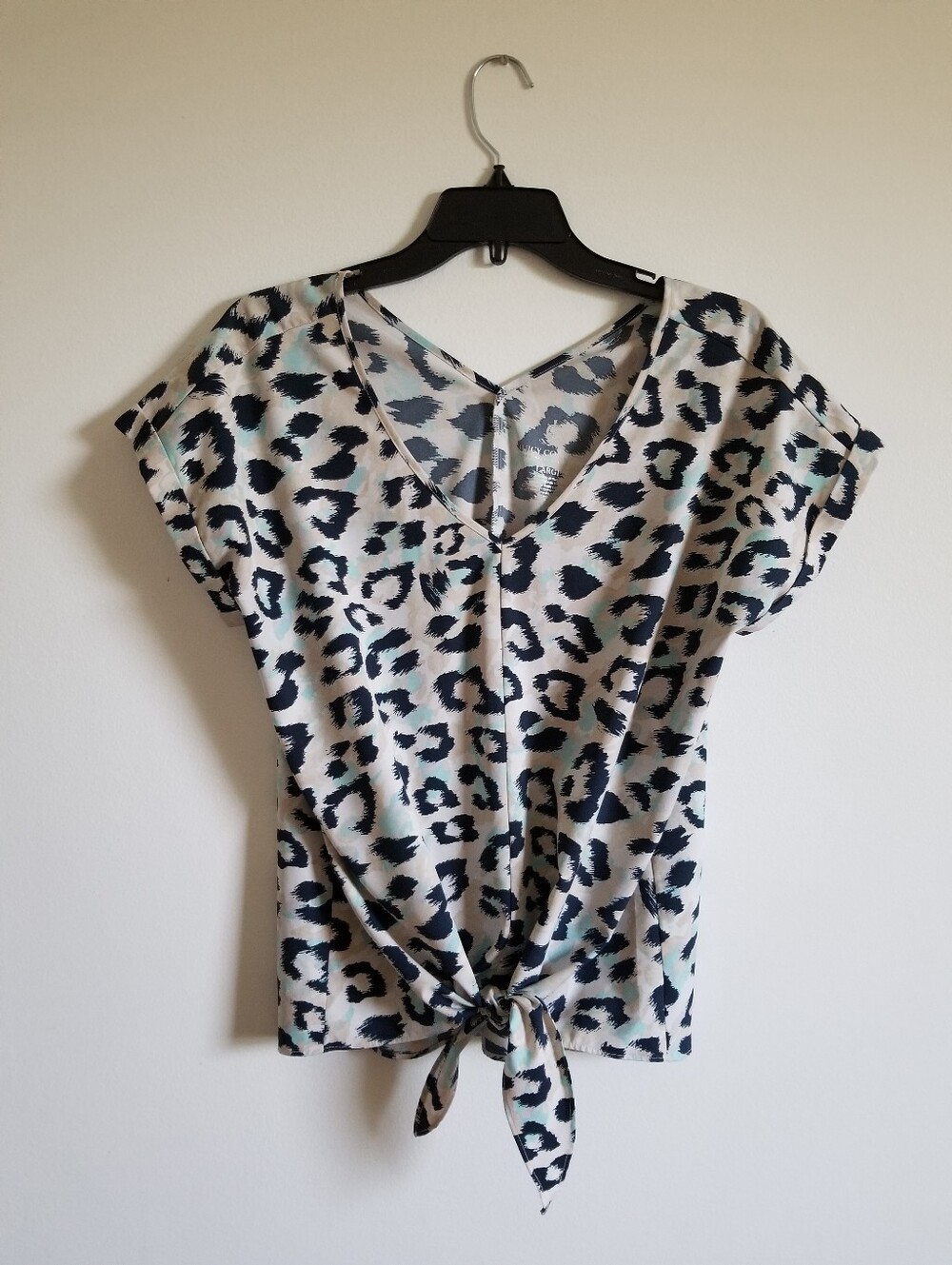 Juicy Couture White Leopard Print Tie-Front V-Neck Top with Black & Teal Spots